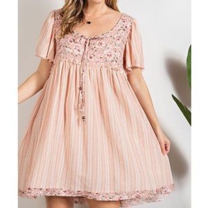 Easel Faded Coral Floral Mix W/Pockets Short Sleeve Babydoll Dress.NWOT! Sz L